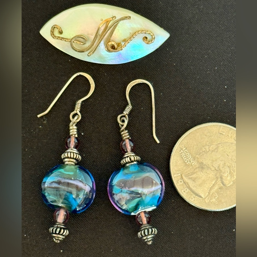Artisan glass earrings and vintage MOP pin.
